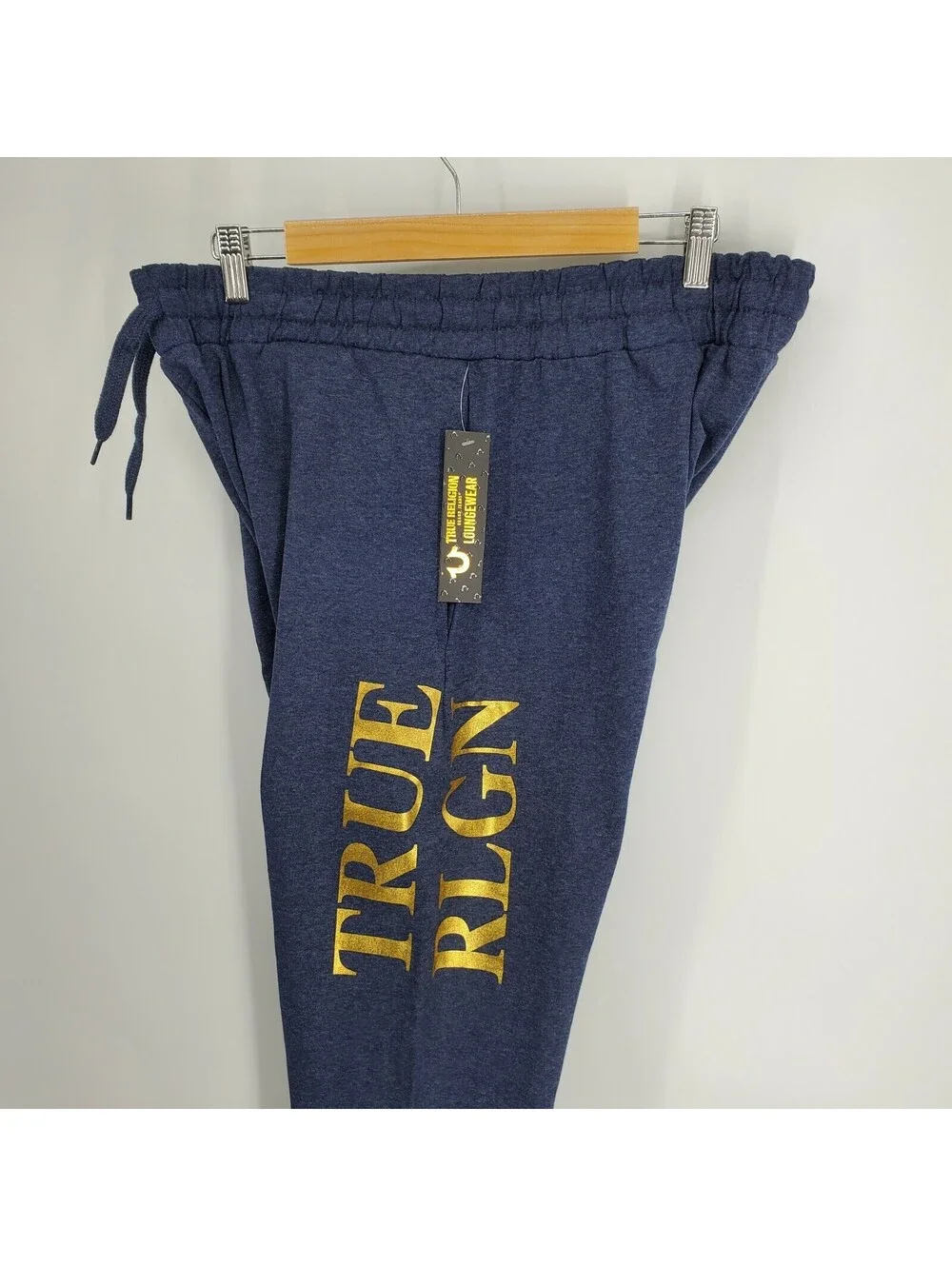 New True Religion Mens Loungewear Jogger Sweatpants Navy Gold Spellout Large